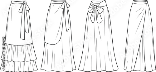 Women's wrap skirt fashion flat sketch collection, stylish long skirts with bow tie waist, CAD drawing flat vector illustration