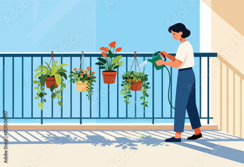 A person waters hanging plants on a sunny balcony. Shadows and the blue sky contribute to a serene scene