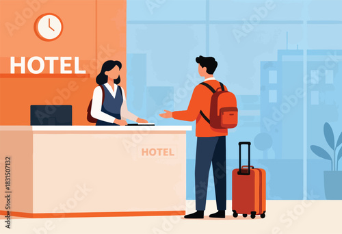 A hotel front desk scene with a receptionist and a man with luggage checking in. Hotel sign and building background