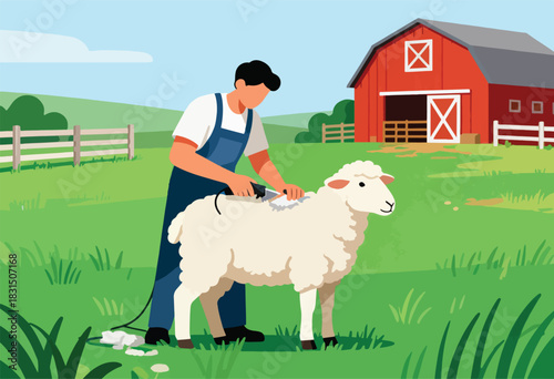 An illustration depicting a farmer shearing a sheep on a green pasture with a red barn in the background