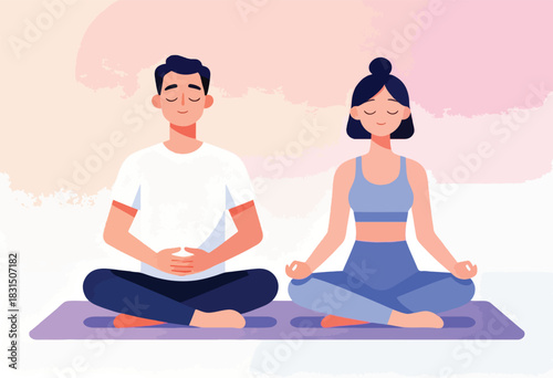 Illustration of two figures in lotus position on mats, eyes closed in meditation. Pastel background