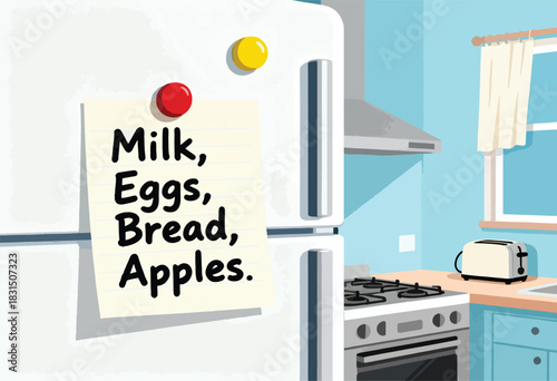 A refrigerator with a grocery list attached with magnets, plus a kitchen scene with stove, toaster, window, and cabinets