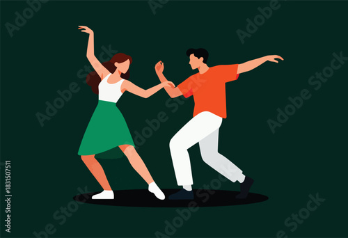 A stylized illustration depicting a man and woman dancing, limbs outstretched, on a dark green background