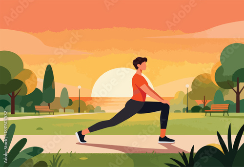 An illustration shows a person stretching in a park with a sunset backdrop. Trees and benches fill the scene