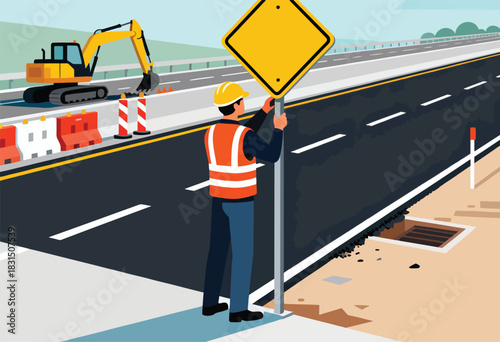Construction worker installs a road sign on a highway under construction, with excavator in the back