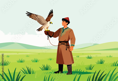 A person in traditional clothing stands with a falcon on a grassy plain. Landscape with hills in background