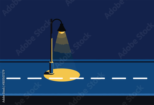 A minimalist illustration of a street at night, lit by a single street lamp, casting a yellow glow