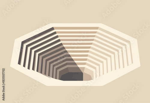 A geometric illustration presents a stepped, recessed form with a palette of beige, brown, and grey, casting shadows