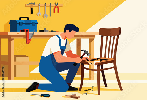 A carpenter repairs a wooden chair in a workshop setting, tools hang on wall above work table