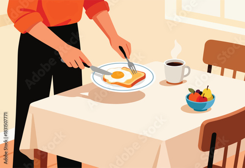 An illustration shows a person at a table preparing to eat breakfast, sunny window in the background