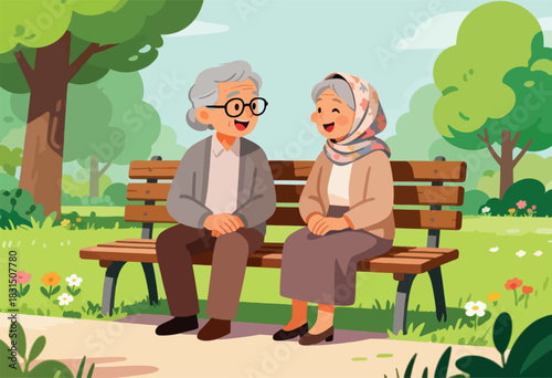 Elderly couple enjoys a park bench conversation under green trees, surrounded by flowers