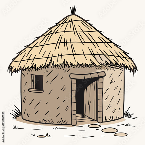 Round mud hut with thatched roof and open doorway straw roof