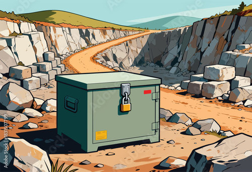 A locked green container in a quarry setting with a winding road, surrounded by rocks and cliffs