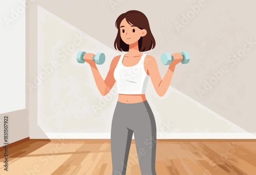 A woman in athletic wear lifts dumbbells in a light-filled room with wooden flooring. Her gaze is straight ahead
