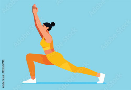 A woman in yellow and orange sportswear performs a yoga lunge with arms overhead against a light blue backdrop