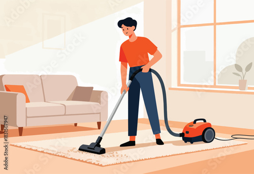 A man uses a vacuum cleaner to clean a rug in a living room. A sofa and window are in the background