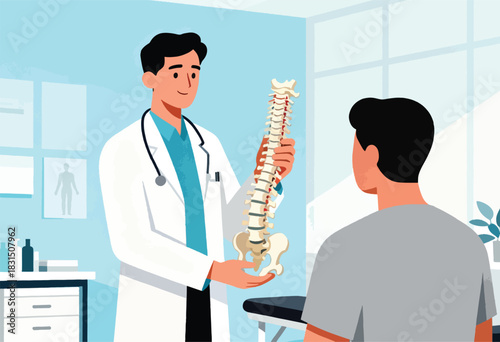 A doctor explains the human spine to a patient in a doctor's office, showing an anatomical model