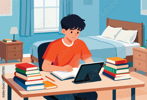A young person studies in their bedroom with a book and tablet, surrounded by stacks of books and a bed