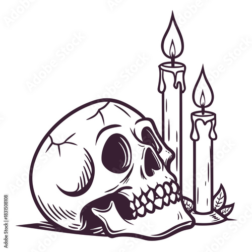 Skull and lit candles silhouette with leaves halloween