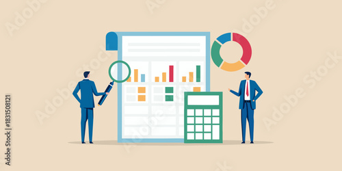 Business professionals analyzing financial data with charts and calculator