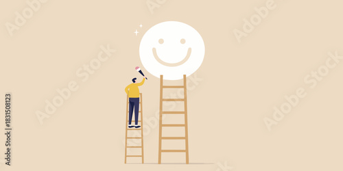 Person painting a happy face on a large circle with a brush and ladder