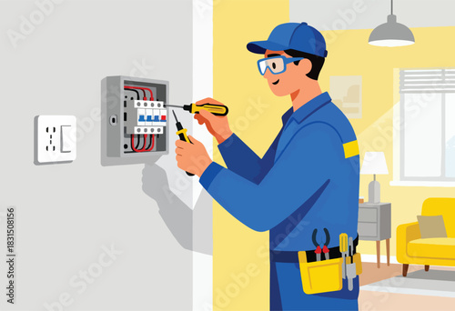 An electrician in blue overalls is working on an electrical panel with screwdrivers, with a home background