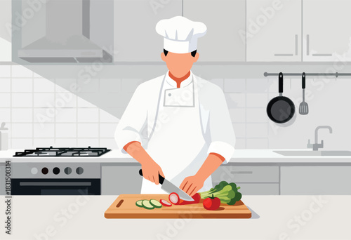 A chef in a pristine kitchen is chopping fresh vegetables on a wooden cutting board with a knife
