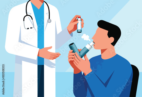 Illustration of a doctor assisting a patient with an inhaler, conceptualizing medical care