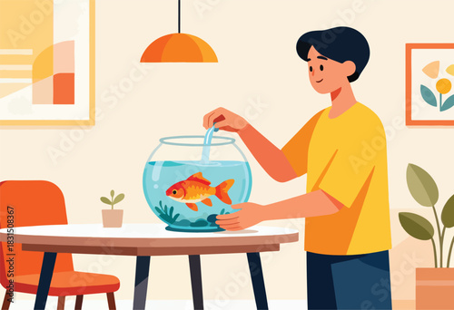 A person in a yellow shirt cares for a goldfish by adding water to its bowl in a room setting