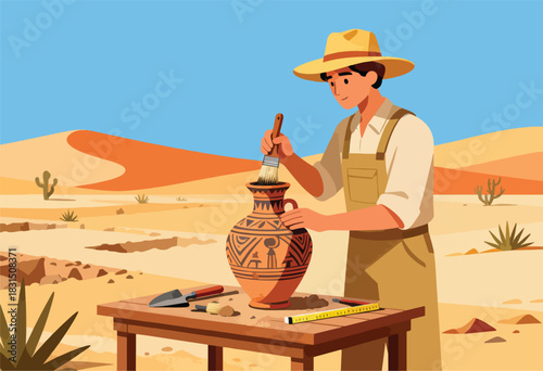 An archeologist in a desert scene cleans a decorated vase using a paintbrush. Tools on a table. Blue sky background