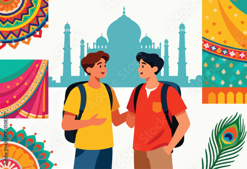 Two male travelers with backpacks in front of a turquoise silhouette of a building.  Indian style art