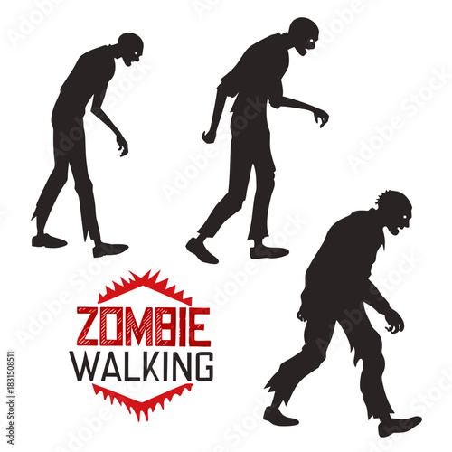 Three black zombie silhouettes walking on white background