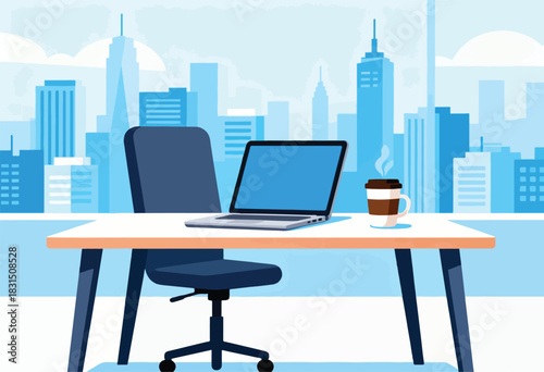 Illustration of a minimalist office workspace with a city backdrop. Includes laptop, coffee, chair, and desk
