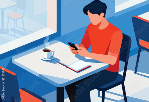 A person in a cafe, absorbed by a phone, with a coffee and an open notebook. Modern, minimal style