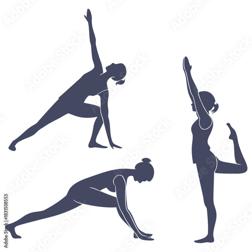 Three dark blue yoga pose silhouettes on white background