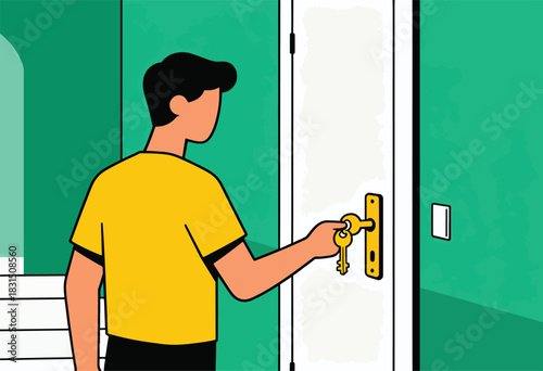 A person with black hair in a yellow shirt holding keys in front of a white door with a green wall