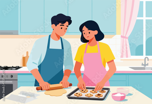 A couple bakes cookies together in a bright kitchen, with a rolling pin and an oven tray