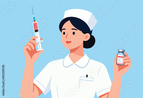 A cartoon nurse holds a syringe of red liquid and a vial, smiling against a light blue backdrop