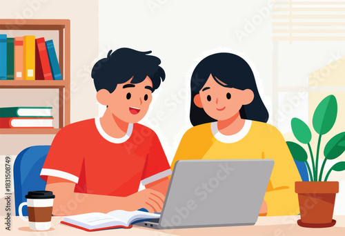 Illustration of two people, one red-shirted, using a laptop and book. A plant and bookshelf are behind them
