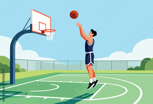 A basketball player in uniform shoots a ball toward the hoop on a court, bright sky backdrop