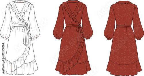 Wrap Dress Mockup, Floral Midi Dress, Ruffle Dress Vector, Long Sleeve Dress CAD, Fashion Technical Flat Sketch
