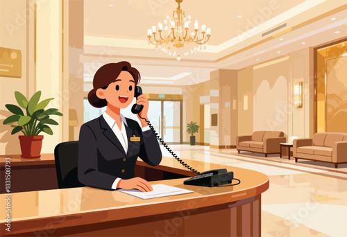 A smiling receptionist in a hotel lobby answers a phone, floral decor, lighting and seating are around