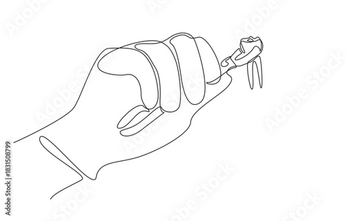 Continuous one line drawing of dental professional holding extracted wisdom tooth in stainless steel forceps, symbolizing dental care service, single line art.