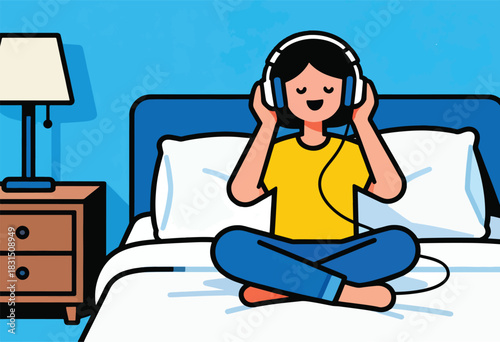 A cartoon person is enjoying music on their bed, wearing headphones. A nightstand and lamp are also visible