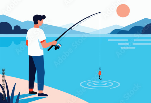 A person with a fishing rod stands on the shore, casting into a serene lake with distant mountains and sun
