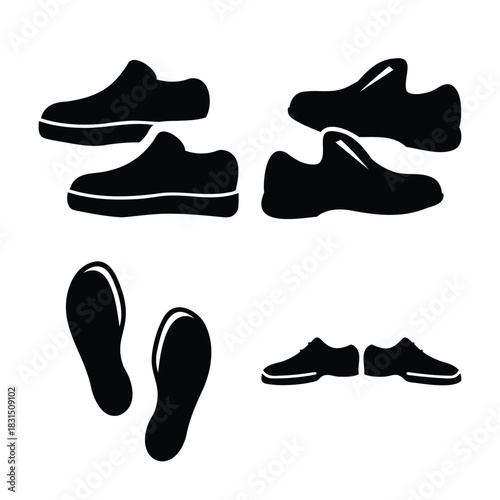 Various shoe silhouettes and foot sole prints for footwear design