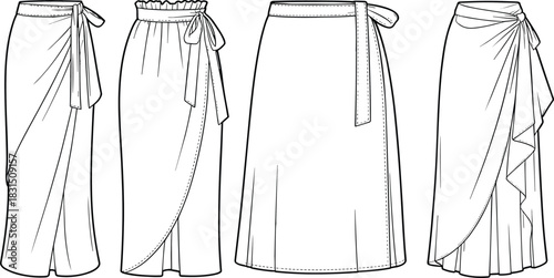 Wrap skirt flat fashion illustration set with tie waist and drape detail, CAD vector technical drawing, front view template