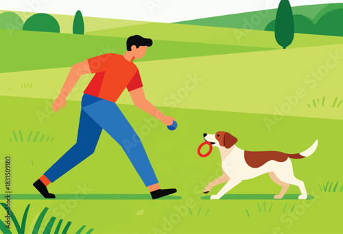 A person with a ball plays fetch with a dog in a green field with trees,  joyfully