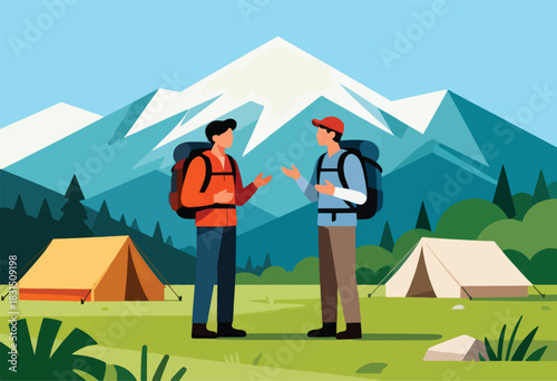 Two hikers with backpacks converse in a colorful outdoor camping scene with tents, mountains, and trees