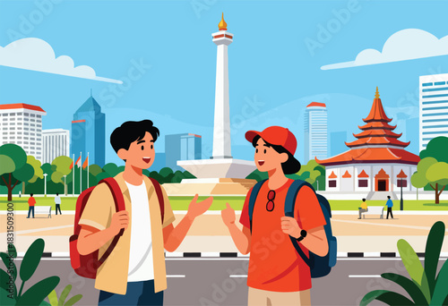 Two travelers with backpacks talking in front of city landmarks on a sunny day